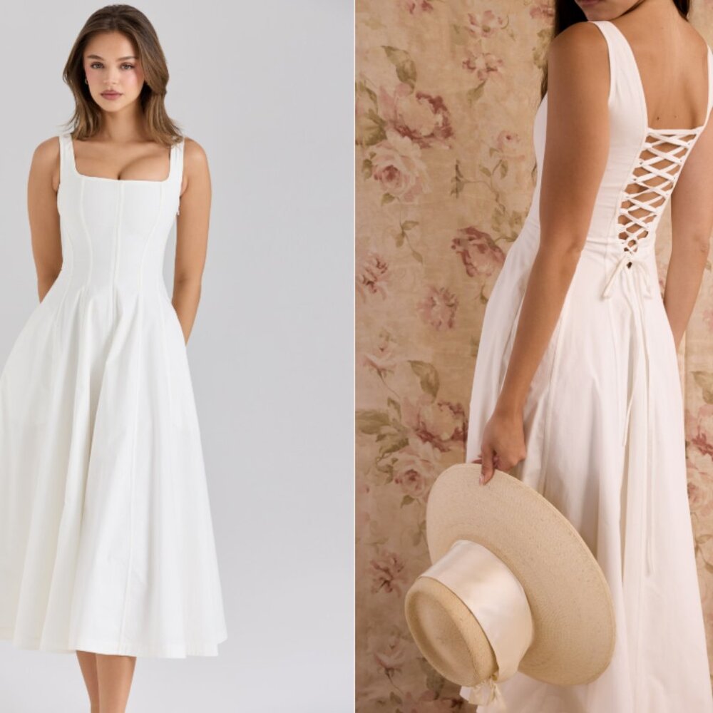 HOUSE OF CB 'Mariabella' White Stretch Cotton Midi Sundress NWOT